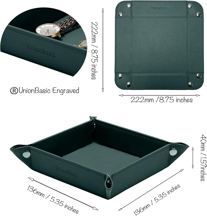 UnionBasic Small Valet Tray, Jewelry Tray for Rings Watches Earrings, Entryway Catchall Caddy for Coins Keys Change, Nightstand Bedside Valet Holder, Trays for Electronic Gadgets, Lychee Dark Ivy