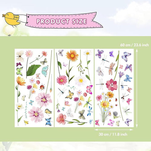 80 Pieces Flowers Butterflies Wall Decals Chrysanthemums Dragonflies Wall Sticker Flowers Peel and Stick Art Removable PVC Garden Decal for Kids Room Nursery Classroom Bedroom Decor, Colorful