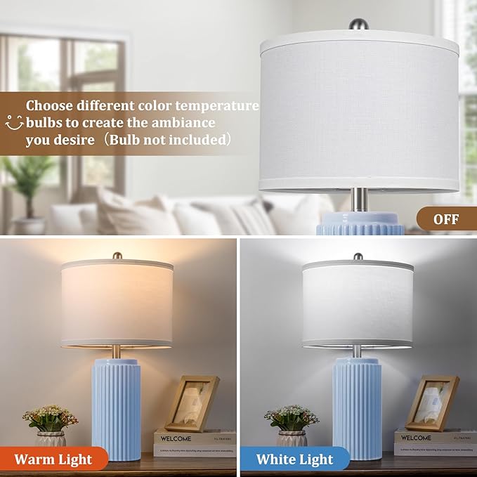 TOBUSA 23.5’’ Sky Blue Farmhouse Table Lamps for Living Room Set of 2, Modern Elegant Ceramic Bedside Nightstand Lamps with White Linen Shade for Bedroom, Coastal Lamps Set for Study Home Office