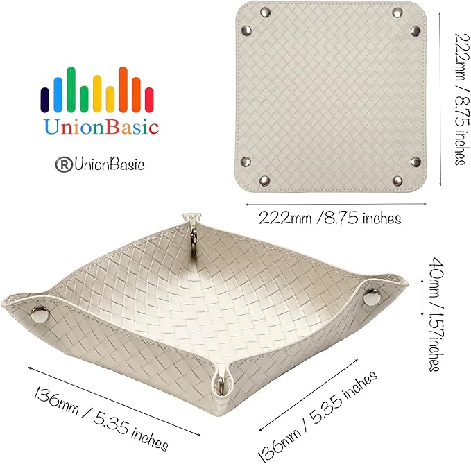 UnionBasic Small Valet Tray, Jewelry Tray for Rings Watches Earrings, Entryway Catchall Caddy for Coins Keys Change, Nightstand Bedside Valet Holder, Trays for Electronic Gadgets, Woven Beige