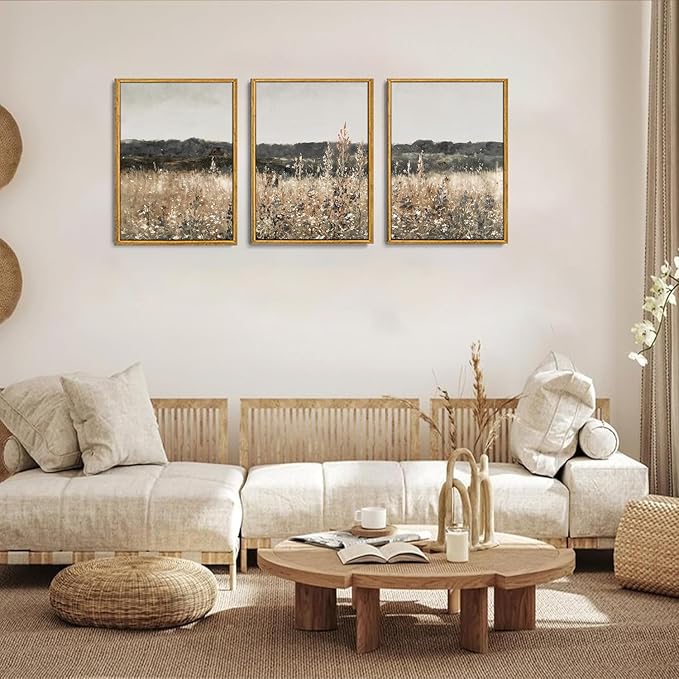 Wodkwq 3 Piece Vintage Landscape Canvas Wall Art Framed,Above Bed Wall Art,Farmhouse decor,Neutral Minimalist Wall Painting,Wildflower Art Prints For Living Room,Bedroom,Office 12x16in