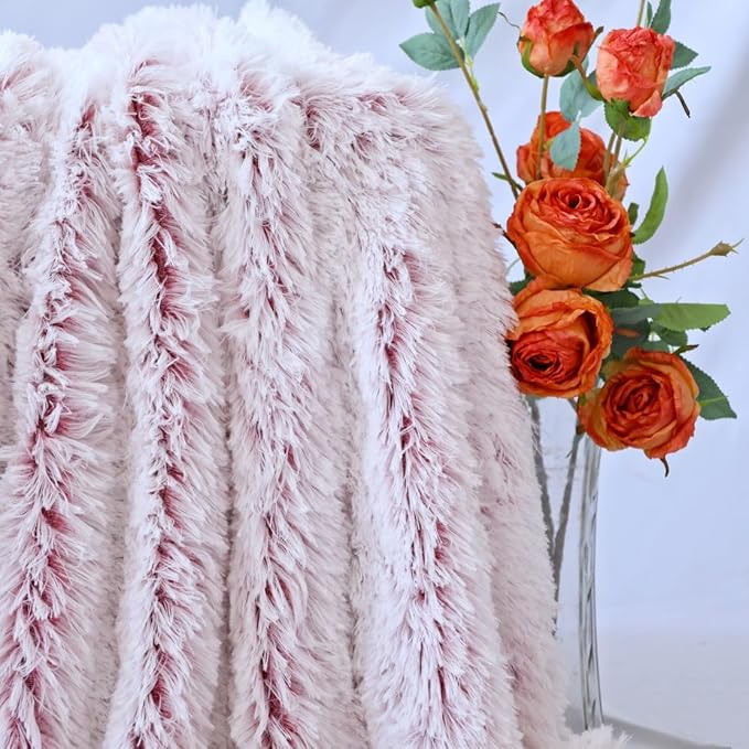 Plush Super Soft Blanket Bedding Sofa Cover Furry Fuzzy Fur Warm Throw Qulit Cozy Couch Blanket for Winter (51"x63",Wine Red and White)