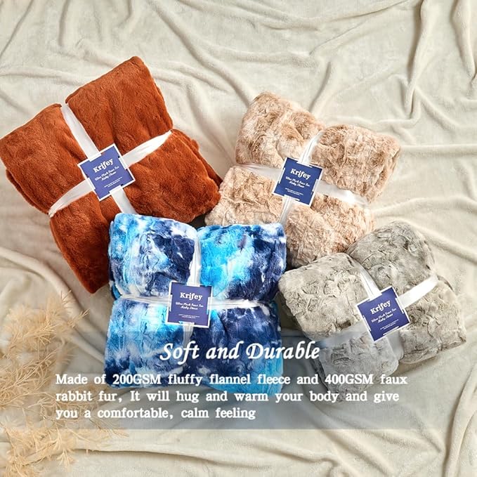 Krifey Blue Faux Fur Blanket, Super Soft Cozy Blanket, Luxury Fluffy Throw Blanket Warm Plush Bed Throw Tie Dye Blue 50" x 60"