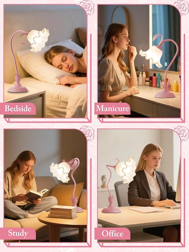 Flower Table Lamp,LED Reading Light Bedside Vintage Flower Night Light,3 Colors Modes Kawaii Bedside Lamps Decor,Living Room Bedroom Room Lighting Table Lamps Home Decoration (Pink Pearls)