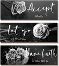 3 Pcs Black White Wall Decor Inspirational Wooden Flower Wall Art White Roses Bathroom Decor with Accept Let Go Have Faith Positive Quotes for Women Living Room Bedroom(White Rose 16X5")