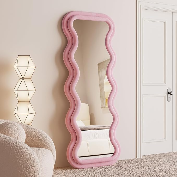 BOJOY Full Length Wavy Mirror, 63"x24", Arched Floor & Wall Mirror - Standing, Hanging or Leaning - Flannel Wrapped Wooden Frame - Pink