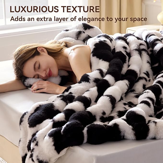 Faux Fur Throw Blanket, 1000GSM Fluffy Soft Bubble Blanket for Couch Bed, Cozy Plush Warm and Thick Blanket, Fuzzy Rabbit Throw for Living Room Bedroom 80''*90'' Cow Black