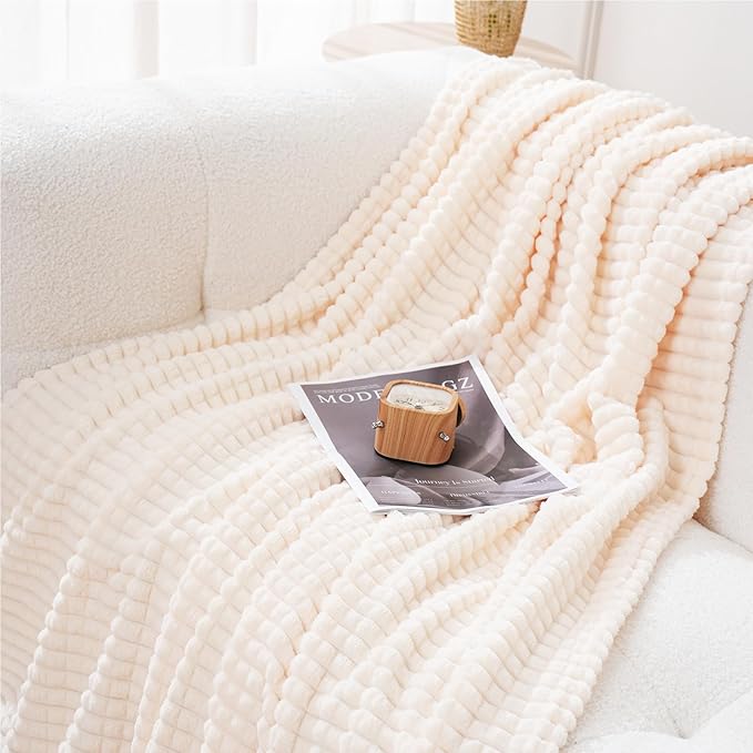 Cream White Throw Blanket 50"×70" Decorations Fleece Super Soft Plush Fuzzy Cozy Blanket with Square 3D Jacquard Grid Design Luxury Lightweight for Couch Sofa Chair