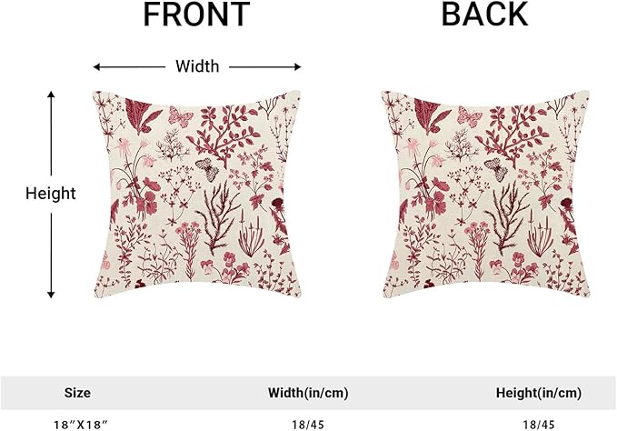 Christmas Pillow Covers 18x18 Inch Set of 2,Burgundy Red Wild Flower Plant Throw Pillows Case,Seasonal Floral Outdoor Decorative Square Linen Farmhouse Decor Cushion Covers for Home Sofa bed Couch