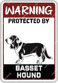 snowsun Warning Metal Signs Protected by Basset Hound Dog Tin Sign for Home Garden Yard Street Wall Decor 8×12 Inches