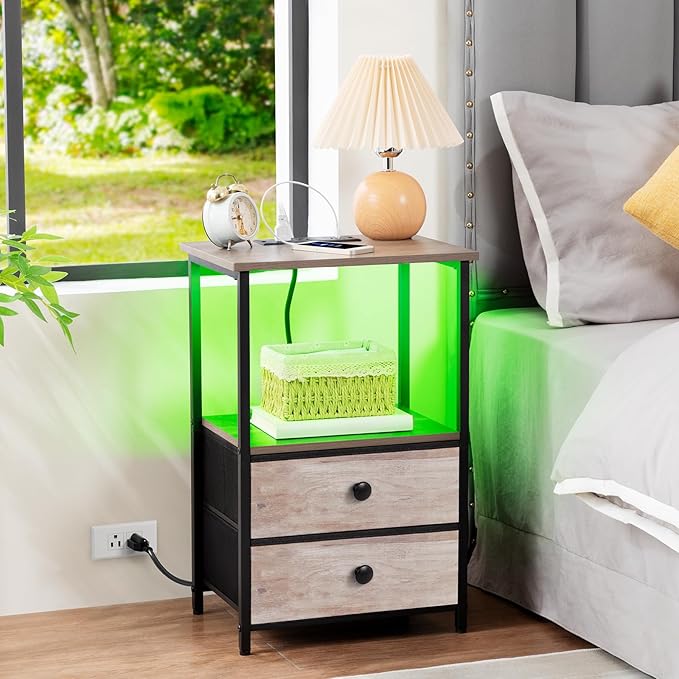 Night Stand Set 2, LED Nightstand with Charging Station, End Tables with Storage Shelf, Bedside Table with 2 Fabric Drawers for Bedroom, Small Spaces, Grey HETS02PGY