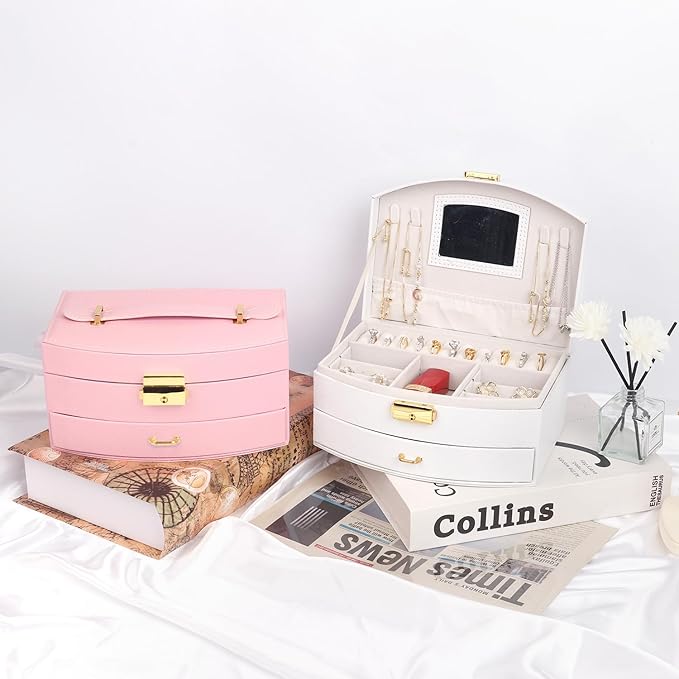 Jewelry Box Organizer, PU Leather Double Layer Jewelry Organizer with Drawer and Mirror, Lockable Jewelry Storage Organizer for Rings Earrings Necklaces, Portable Jewelry Box for Home and Travel