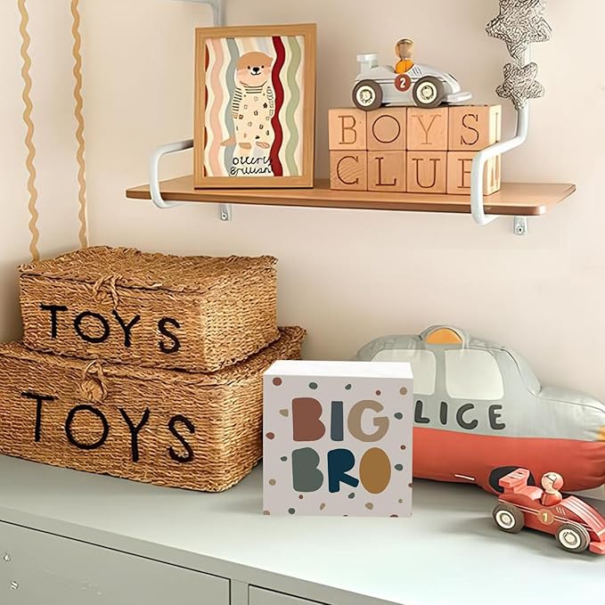 Lacama Boho Boy Nursery Wooden Box Sign, Big Brother Decorations Wood Block Signs, Twin Room Wood Sign for Toddler Boys Room Bedroom Playroom Desk Shelf Wall Decor 5x5 Inches