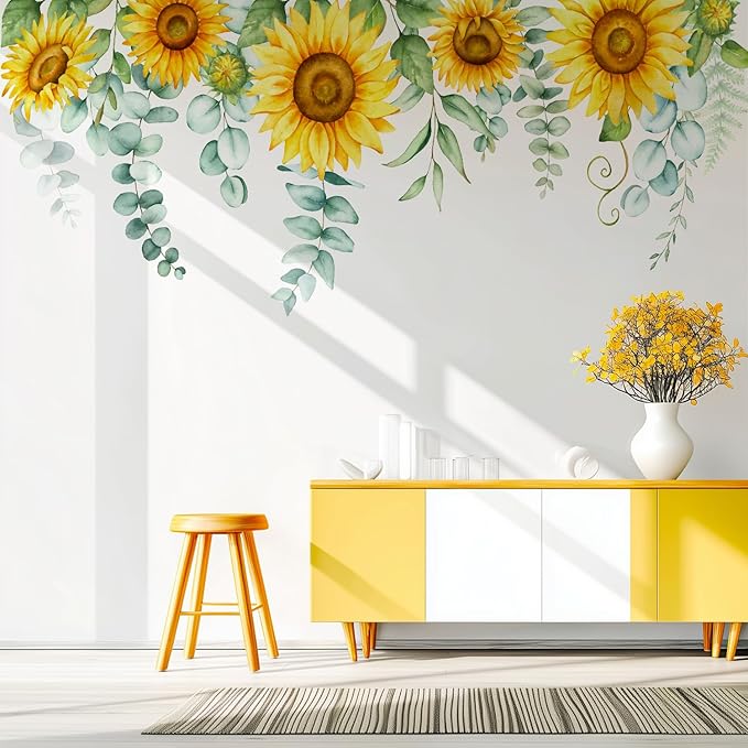 Sunflowers Floral Wall Decals Peel and Stick, Large Floral Flowers Wall Stickers, Removable Vine Home Decor Art for Bedroom Living Room Classroom Office