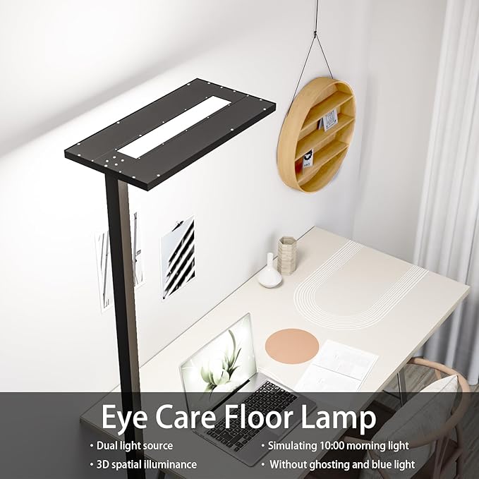 STERREN Eye-Care Led Floor Lamp,76" Tall Office Floor Lamp, 120W Black Modern Free-Standing Lamp, 9100LM Bright Reading Lamp for Study Room,Living Room,Meeting Room,4000K