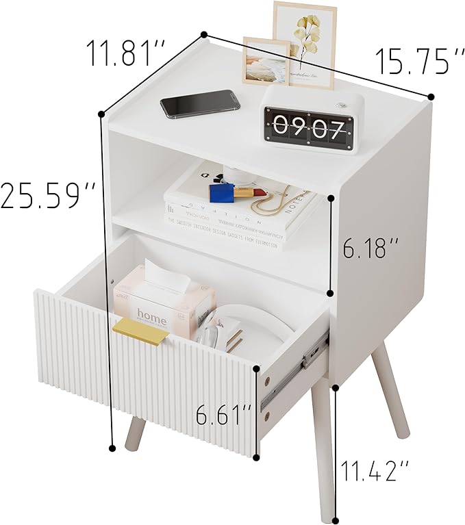 White Nightstand,Modern Bedside Table with Storage Drawer and Open Wood Shelf, for Living Room, Bedroom and Small Spaces, Accent Night Stand with Solid Wood Legs, Easy Assembly,Classic White