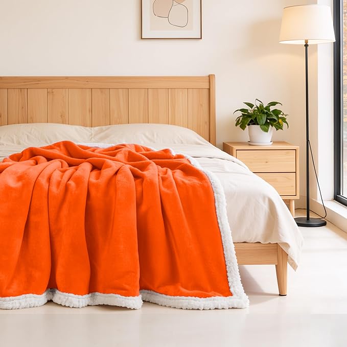 BEAUTEX Orange Sherpa Fleece Throw Blankets, Soft Fluffy Flannel Plush Blanket and Throw, Fuzzy Cozy Fall Halloween Blankets for Couch Bed Sofa Adults (50" x 60",)