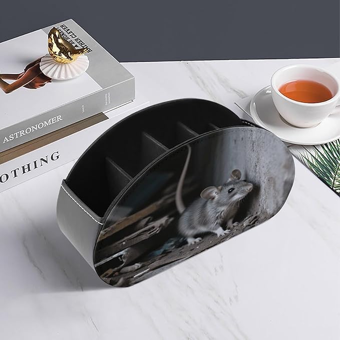 Mouse Hiding in The Corner Remote Control Holder Organizer Box with 5 Compartment PU Leather Bedside Storage Caddy Remote Organizer for Controller Media Player Pen/Pencil Storage