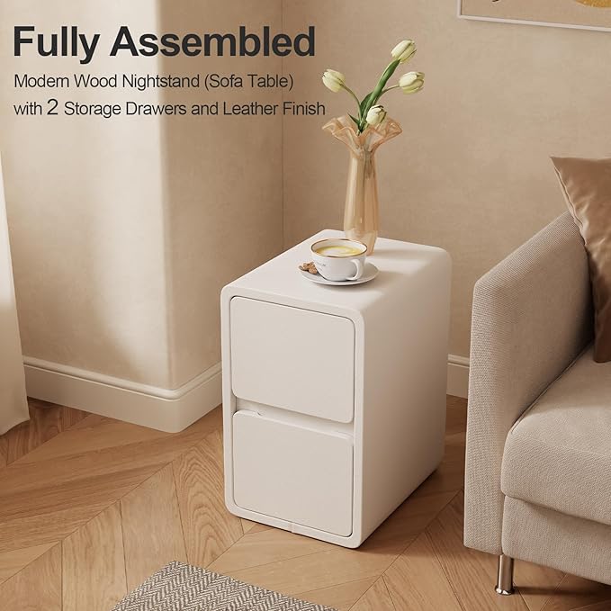 AQIMUELE Narrow Nightstand - Narrow Bedside Table with Drawers, Wood Small Nightstand with Leather Surface for Bedroom, White - 11.8" W