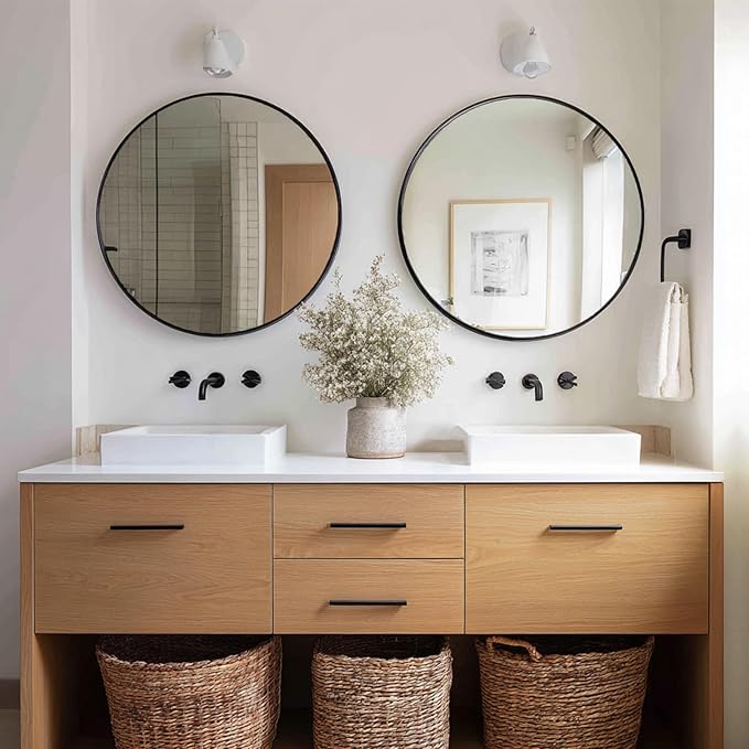 Black Round Mirror 24 inch, 2 Pack Black Circle Mirror, Round Bathroom Mirrors Metal Frame for Bathroom, Bedroom, Living Room, Hallway.