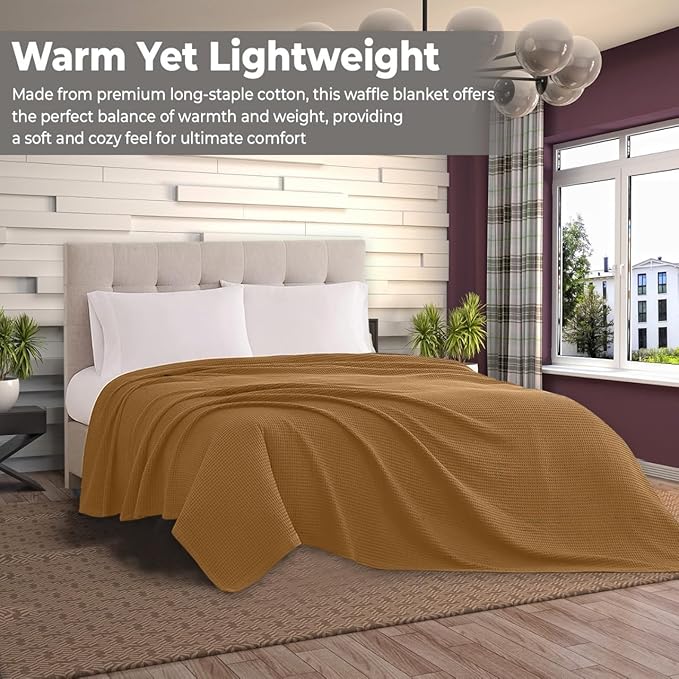 100% Cotton Blankets for Bed - Waffle Weave Blankets for Summer, Lightweight and Breathable Soft Woven Blanket for Spring (Orange, Queen (90" x 90"))