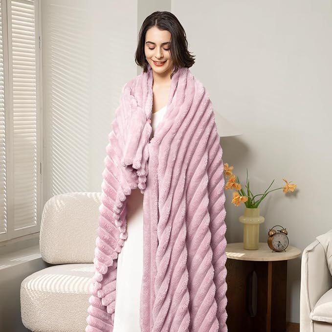 Comelady Fleece Throw Blanket for Couch,3D Ribbed Jacquard Warm Fluffy Blanket for Bed Sofa Room Decor-Lightweight Cozy Soft Throw for All Seasons(Pink,50"×60")