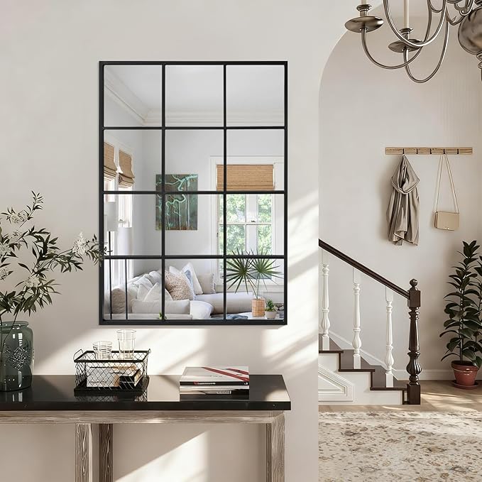 Black Wall Mirror, Rectangle Metal Framed Mirror Modern Art Decorative Mirrors for Living Room Bedroom Entryway 20x28 Inch Decor