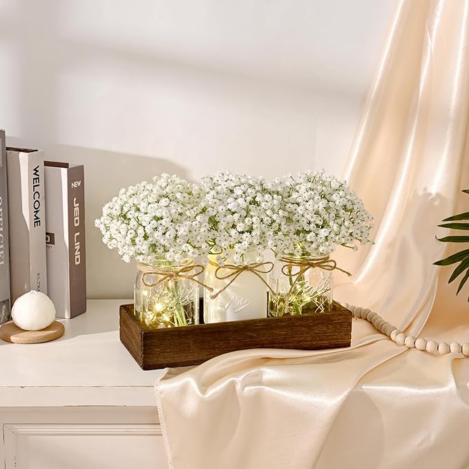 BLEUM CADE Centerpiece Table Decorations - Mason Jar Lights Centerpiece for Kitchen Dining Table Farmhouse Coffee Table Wedding Home Decor with 3 Jars Babys Breath Artificial Flowers & Wood Tray