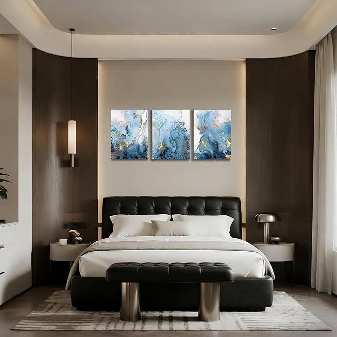 SERIMINO Blue Abstract Canvas Wall Art for Living Room, Navy and Gold Fluid Marble Wall Decor for Bedroom, Bathroom, Office, Home Decor, Set of 3 Print Painting, 16"X24"