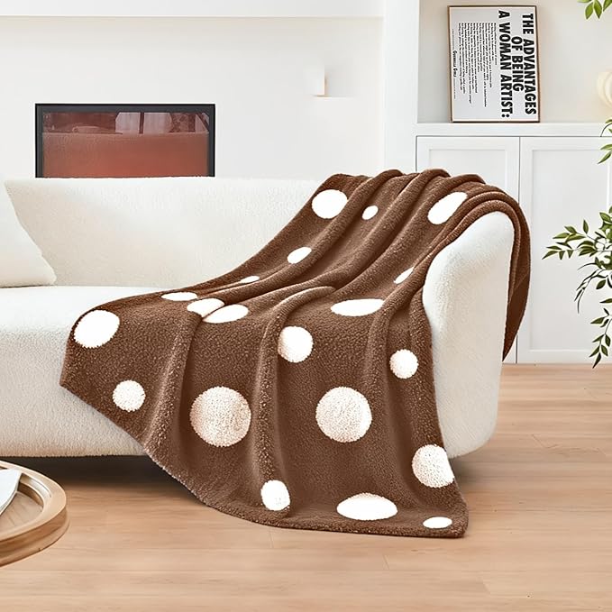 CozeCube Super Soft Fullfy Microfiber Reversible Knitted Blankets, Warm Cozy Fuzzy Plush Throw, Dark Brown and White Polka Dot Throw Blanket for Couch Bed Sofa, 60" x 80"