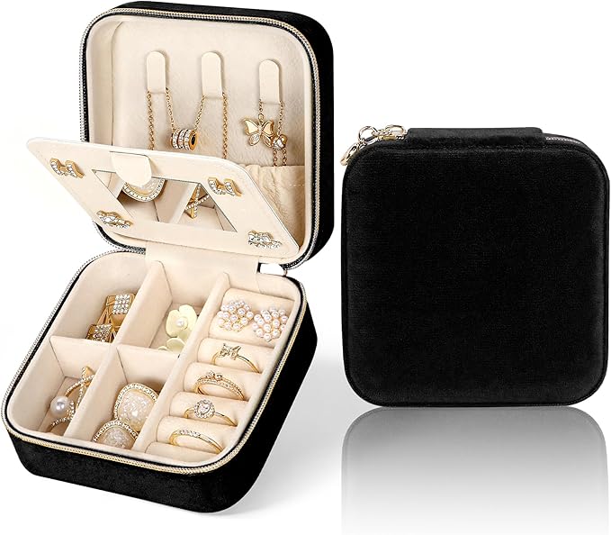 Plush Velvet Travel Jewelry Case Small Jewelry Box Jewelry Organizer Storage Case Portable Jewelry Travel Case for Girls Womens Earring, Necklace, Rings,Bracelets with Mirror