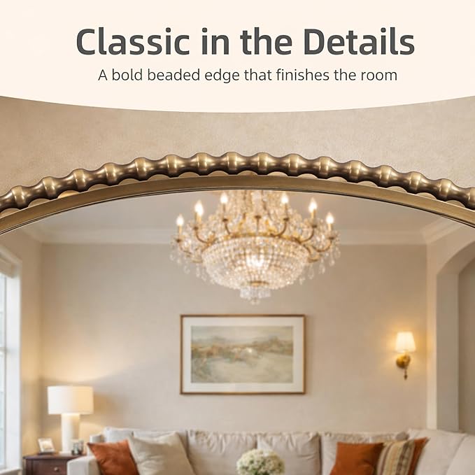 40x30 Inch Wide Arch Wall Mirror, Antique Gold Beaded Frame, Large Horizontal Mantel Mirror for Fireplace, Living Room or Sofa Wall, Decorative Wall Mounted Mirror