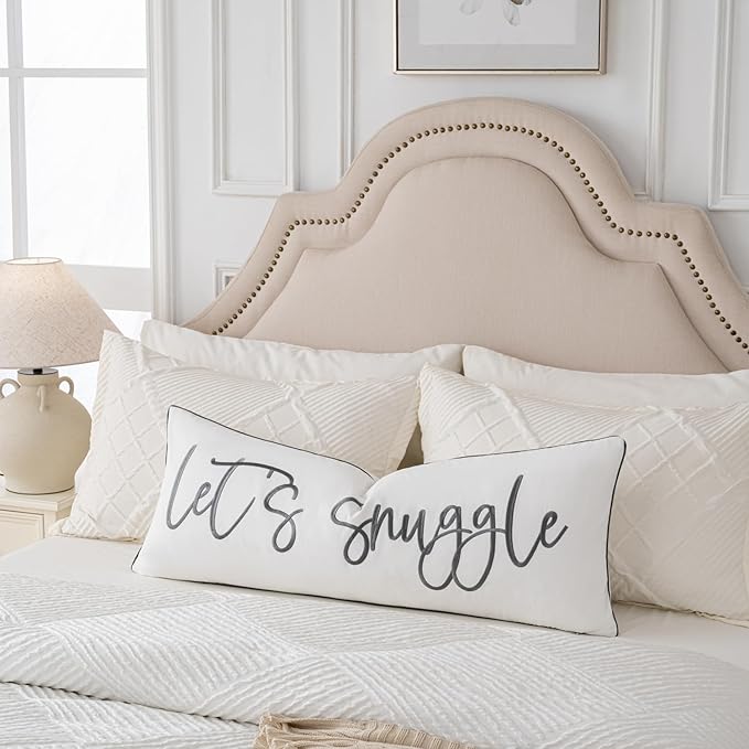 Sunkifover Let's Snuggle Decorative Lumbar Pillow Cover - 14x36 Inch White and Grey Cotton Embroidery Throw Pillowcase for Bed, Bedroom, Living Room, Home Decor