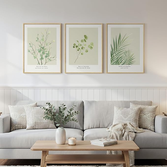 Framed Green Leaf Botanical 3 Piece Wall Art Bedroom, Modern Minimalist Floral Painting Print Canvas Artwork for Walls, Neutral Rustic Nature Pictures Wall Decor Living Room Nursery Kitchen, 12x16 In