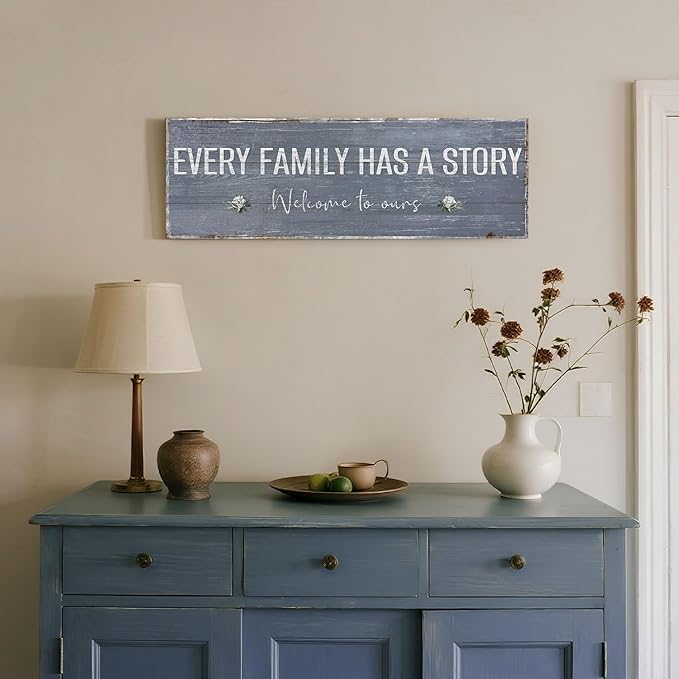 Farmhouse Inspirational Wall Art Every Family Has A Story Quote Saying Wall Plaque Sign Vintage Family Decorative Signs Home Decor Canvas Print Art for Bedroom, Living Room, Hallway, Entryway 12"x36"