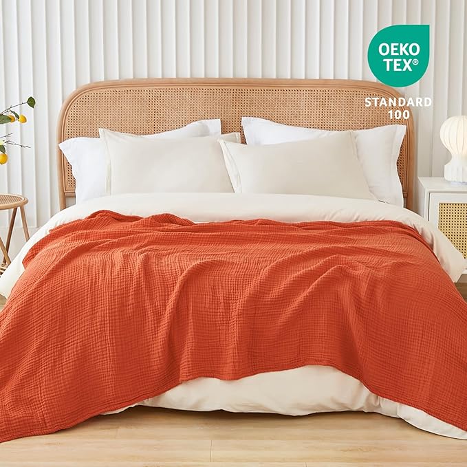 EMME Cotton Muslin King Blanket Bed Layering Bedspread Coverlet Breathable Gauze Soft Lightweight (Heather Orange Rust, 108"x90")