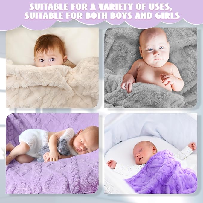 VitalCozy 4 Pcs Soft Fleece Baby Blankets Set 30" x 40" 3D Plush Warm Nursery Swaddling Bed Blanket Little Boys Girls Infant Toddlers and Newborn Receiving Gifts Blankets(Purple Set)