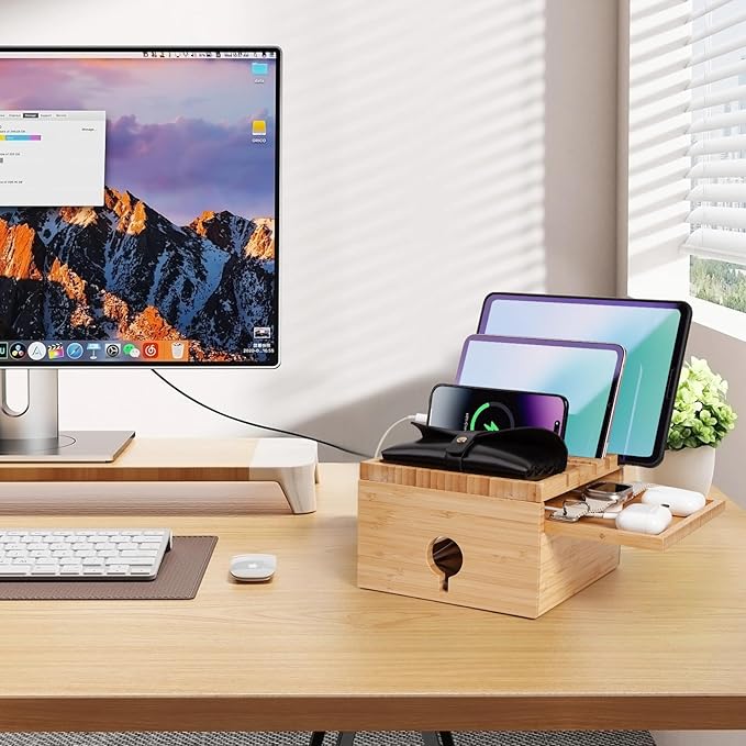 Bamboo Charging Station for Multiple Devices, Nightstand Docking Station with Small Tray -Included 5 Cables, Desktop Wood Charger Organizer, Compatible with Cell Phone, Tablet, Earphones