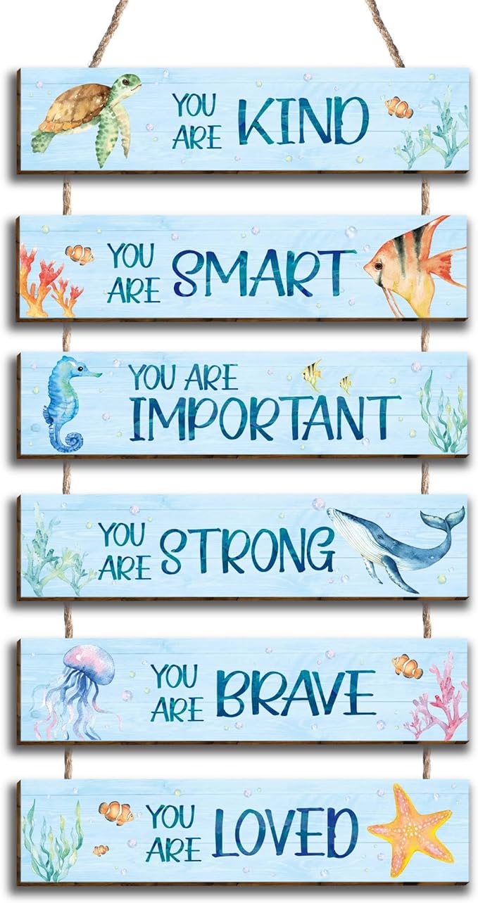 6 Pieces Ocean Decor Kids Room Decor, Inspirational Watercolor Ocean Positive Quotes Wall Art Decor for Teens Children Bedroom, Works of Art Made of Wood, Works of Art of Wood, Placards of Woods
