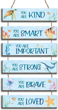 6 Pieces Ocean Decor Kids Room Decor, Inspirational Watercolor Ocean Positive Quotes Wall Art Decor for Teens Children Bedroom, Works of Art Made of Wood, Works of Art of Wood, Placards of Woods