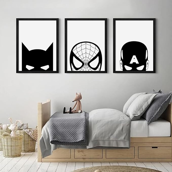 Superhero Spiderman Canvas Wall Art Black And White Wall Art Superhero Posters Spiderman Pictures Painting Wall Decor Superhero Poster for Living Room Bedroom 16x24 Inch Black Framed Set of 3