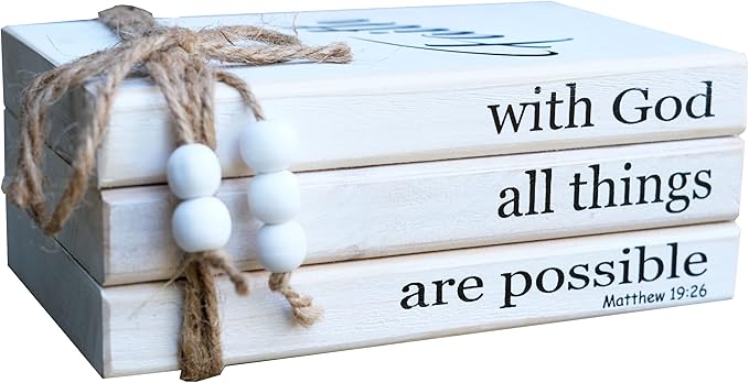 LIVDUCOT Farmhouse Wooden Decor Book Stack | Rustic Faux Book Stacks | With God All Things Are Possible Sign