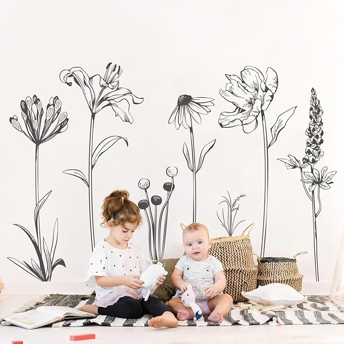 Large Boho Black Flower Wall Decals Simple Sketch Wildflower Floral Wall Stickers for Girls Bedroom Living Room Bathroom Office Adult Home Decor