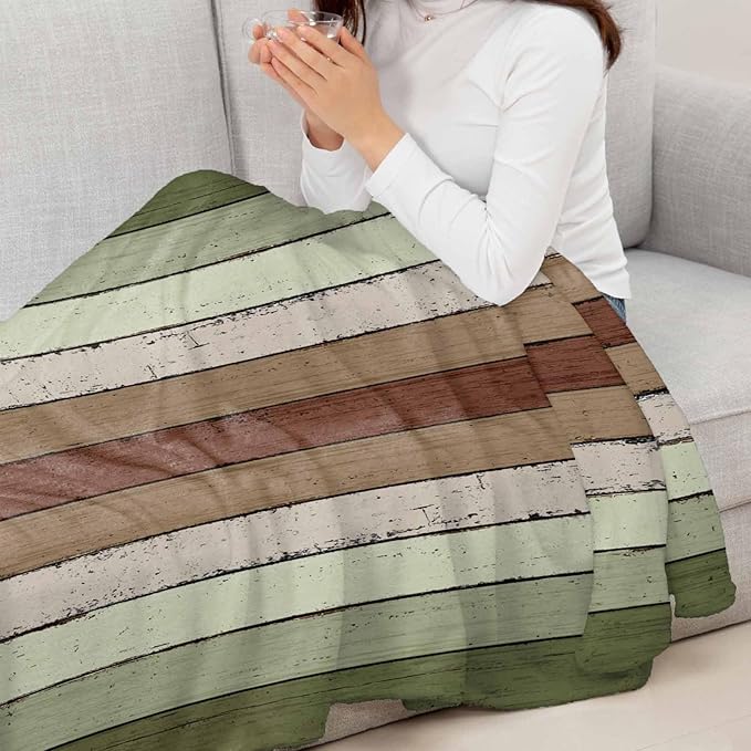 Farmhouse Sage Green Brown Throw Blanket, Soft Fluffy Fuzzy Blankets & Throws for Bed/Couch, Vintage Country Wooden Lightweight Warm Blankets for Women Christmas Decor 40"x50"