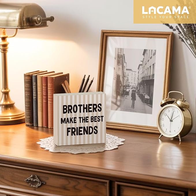 Lacama Boy Nursery Decor Wooden Box Sign, Brothers Make the Best Friends Decorations Wood Block Signs, Retro Neutral Striped Wood Sign for Toddler Boys Room Playroom Desk Shelf Wall Decor 5x5 Inches