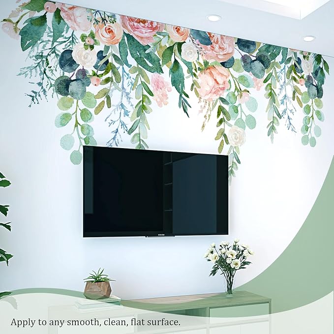 Watercolor Flowers Leaves Wall Decals Peel and Stick, Large Floral Flowers Wall Stickers, Removable Vine Home Decor Art for Bedroom Living Room Classroom Office