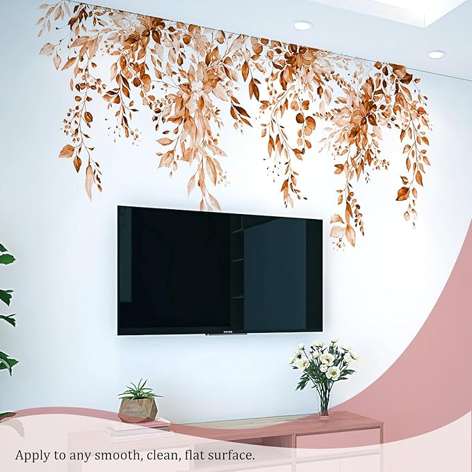 Orange Plants Leaves Wall Decals Peel and Stick, Large Floral Flowers Vinyl Wall Stickers, Removable Vine Home Decor Art for Bedroom Living Room Classroom Office