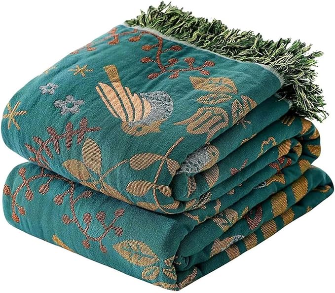 Boho Throw Blanket - 100% Cotton Soft Throw Blanket for Bed, 90"x108" Reversible Breathable Lightweight Spring Blankets, All Seasons Farmhouse Decor Floral Plant Bird Throw Quilt