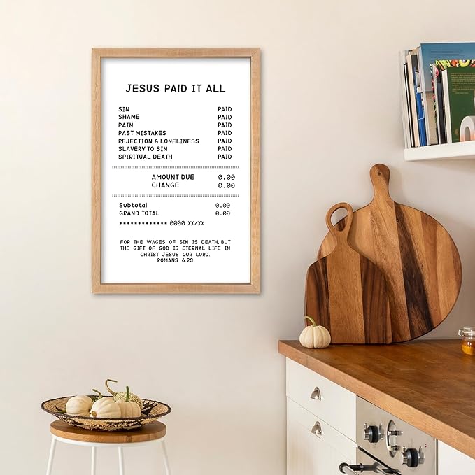 YWMZYKJGS Romans 6:23 Wall Art 16"×11" Jesus Paid It All Wall Decor Scripture Bible Verse Sign Gospel Tracts Religious Salvation Modern Funny Wood Framed Hanging (Wood)