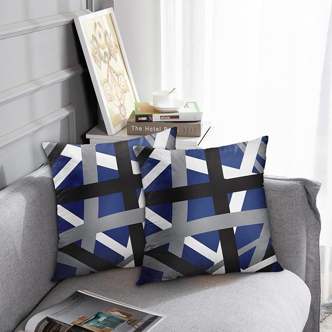 Emvency Set of 2 Throw Pillow Cover Blue Black Stripes Grey White Design Retro Decorative Pillow Case Striped Home Decor Square 18x18 Inch Cushion Pillowcase